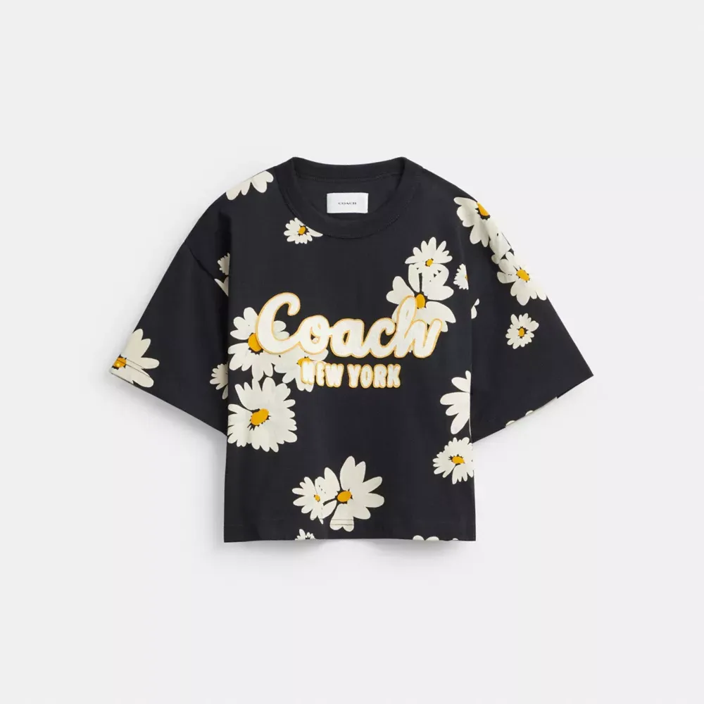 Floral Cropped Signature Script T Shirt In Organic Cotton