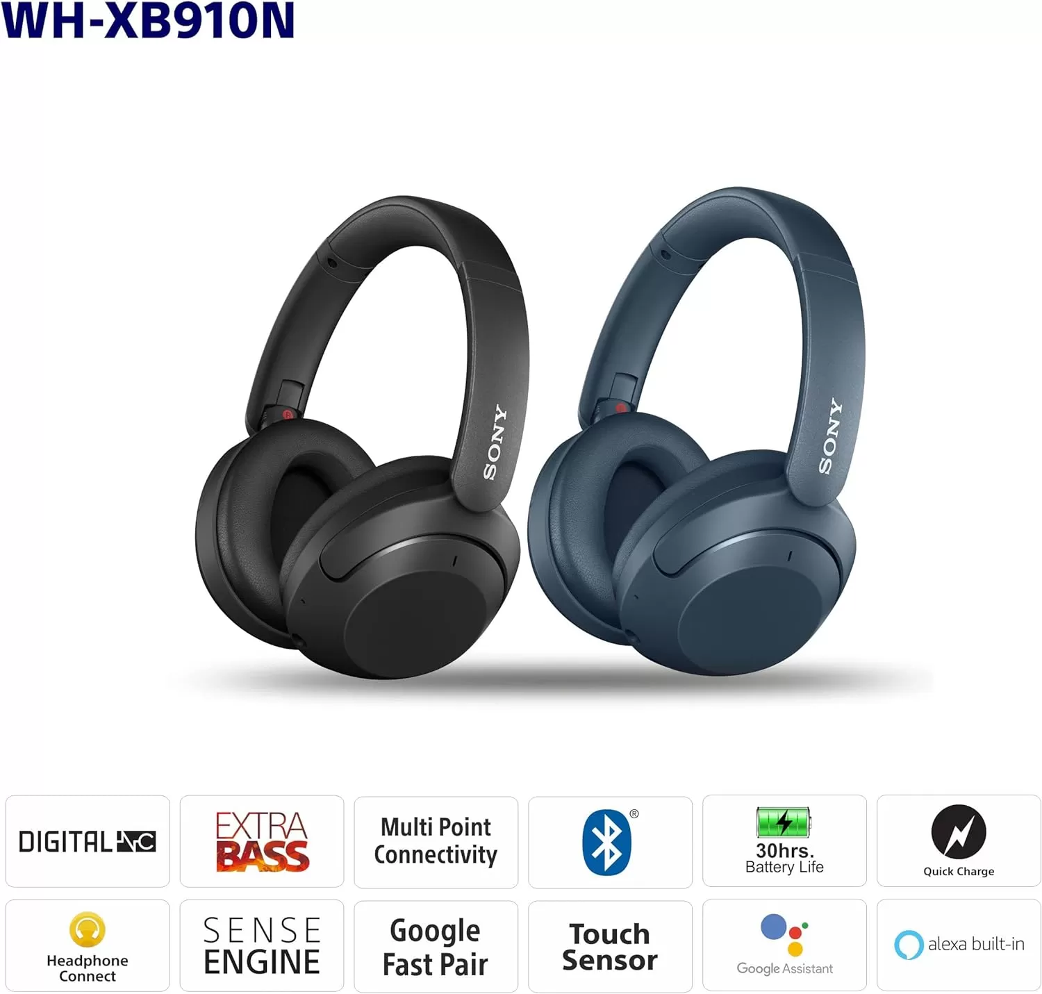 Sony WH-XB910N Extra BASS Noise Cancelling Headphones, Wireless Bluetooth Over The Ear Headset with Microphone and Alexa Voice Control, Blue (Amazon Exclusive)
