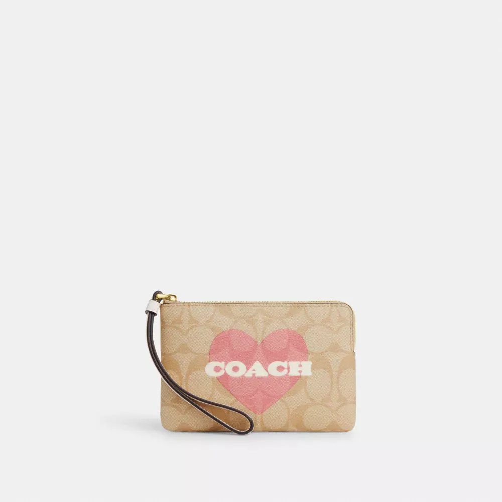 Corner Zip Wristlet In Signature Canvas With Heart Print
