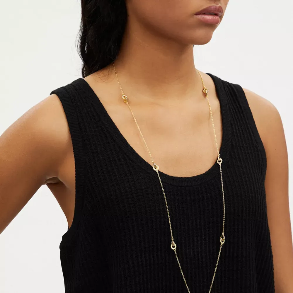 Interlocking Open Circle Pearl Long Station Necklace