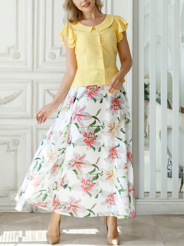 Round Neck Short Sleeve Top Print Skirt Set