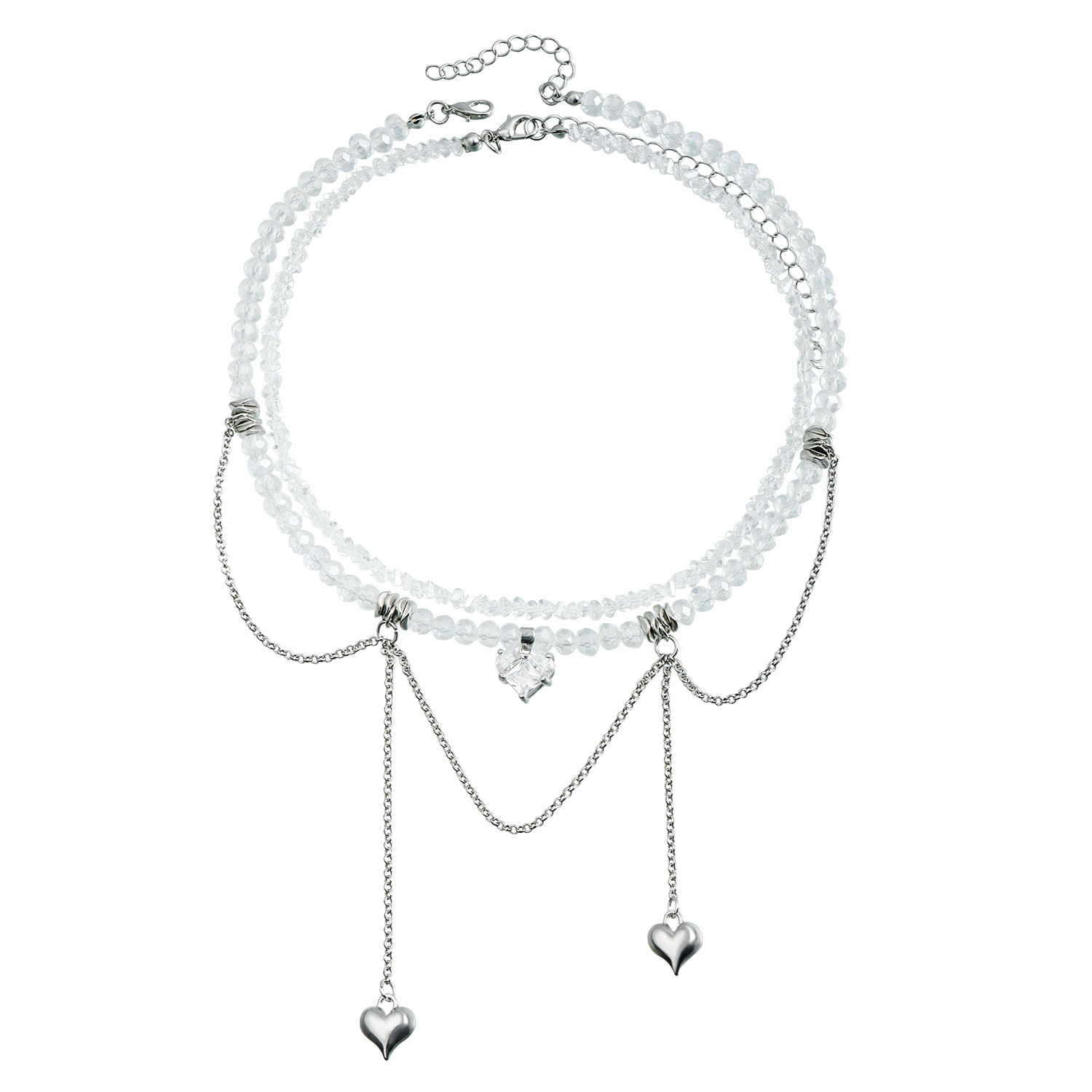 Heart-shaped Zircon Double Chain Tassel Design Collarbone Chain Crystal Necklace