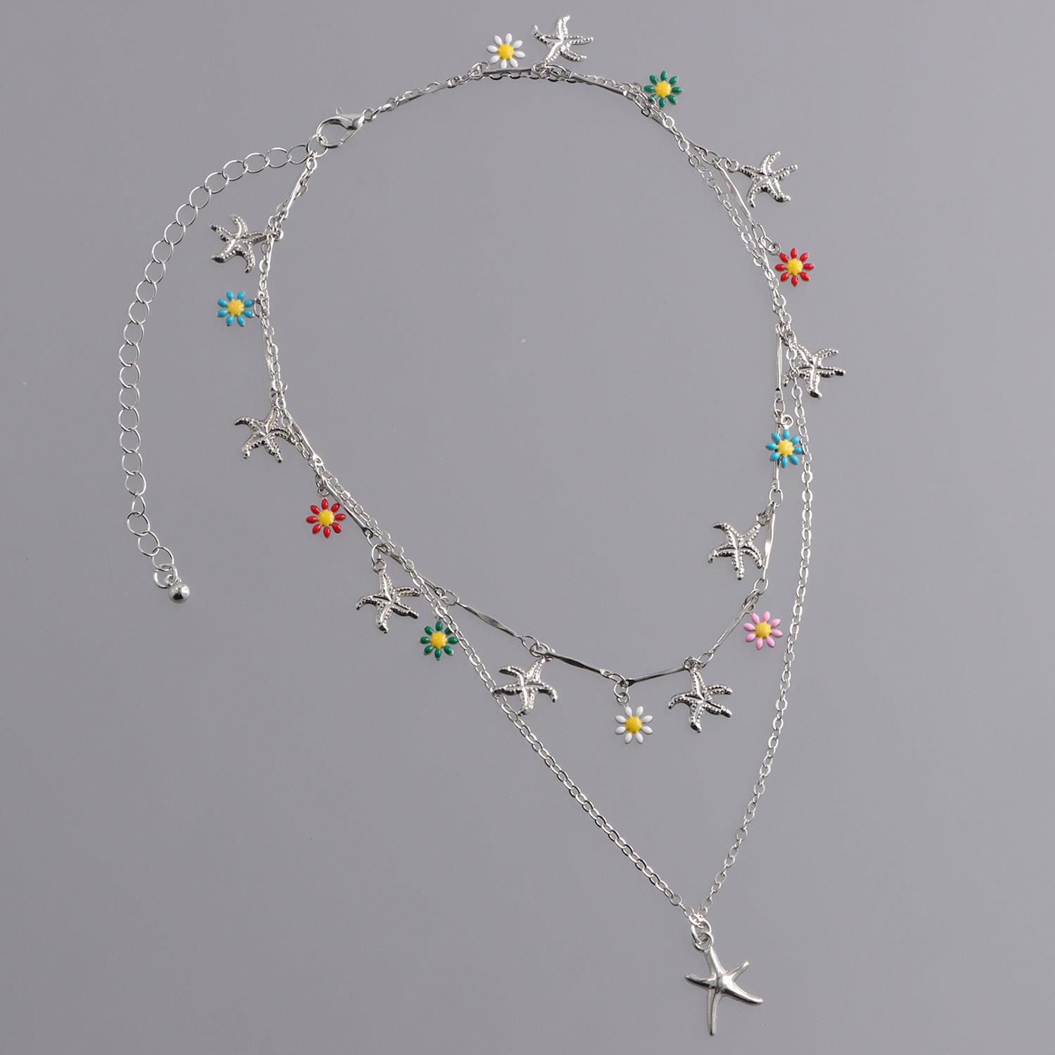 Bohemia Double Layer Daisy Clavicle Chain Necklace for Women Colorful Flower Sea Star Pendant Metal Chain Choker Party Jewelry