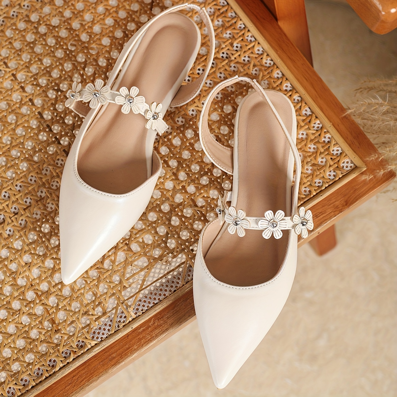 Chic White Pointed-Toe Flats for Women - Breathable Mary Jane Style with Floral Strap, Soft Sole Casual Shoes, Faux Cover Upper & TPR Sole, Elegant Design for Summer Wear, Ladies Shoes