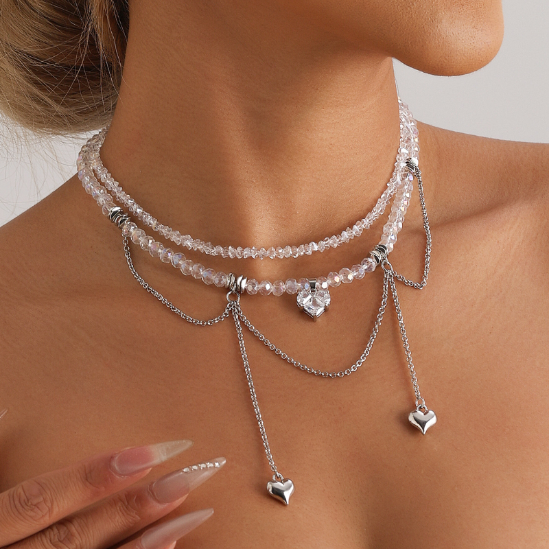 Heart-shaped Zircon Double Chain Tassel Design Collarbone Chain Crystal Necklace
