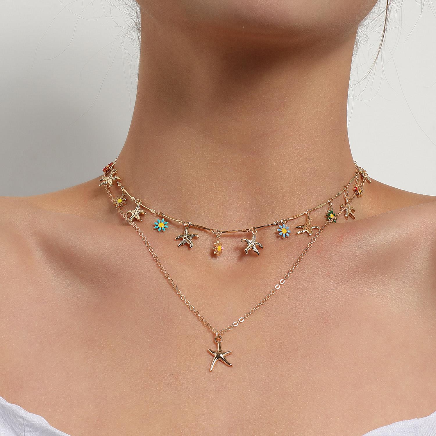 Bohemia Double Layer Daisy Clavicle Chain Necklace for Women Colorful Flower Sea Star Pendant Metal Chain Choker Party Jewelry