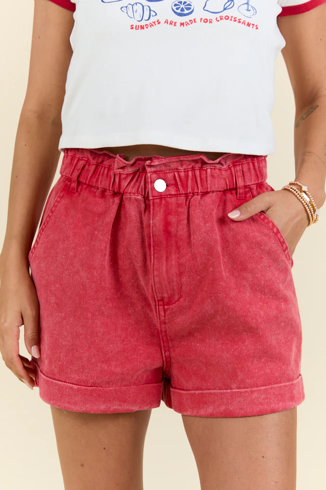 Red Ruffle Waist Denim Shorts