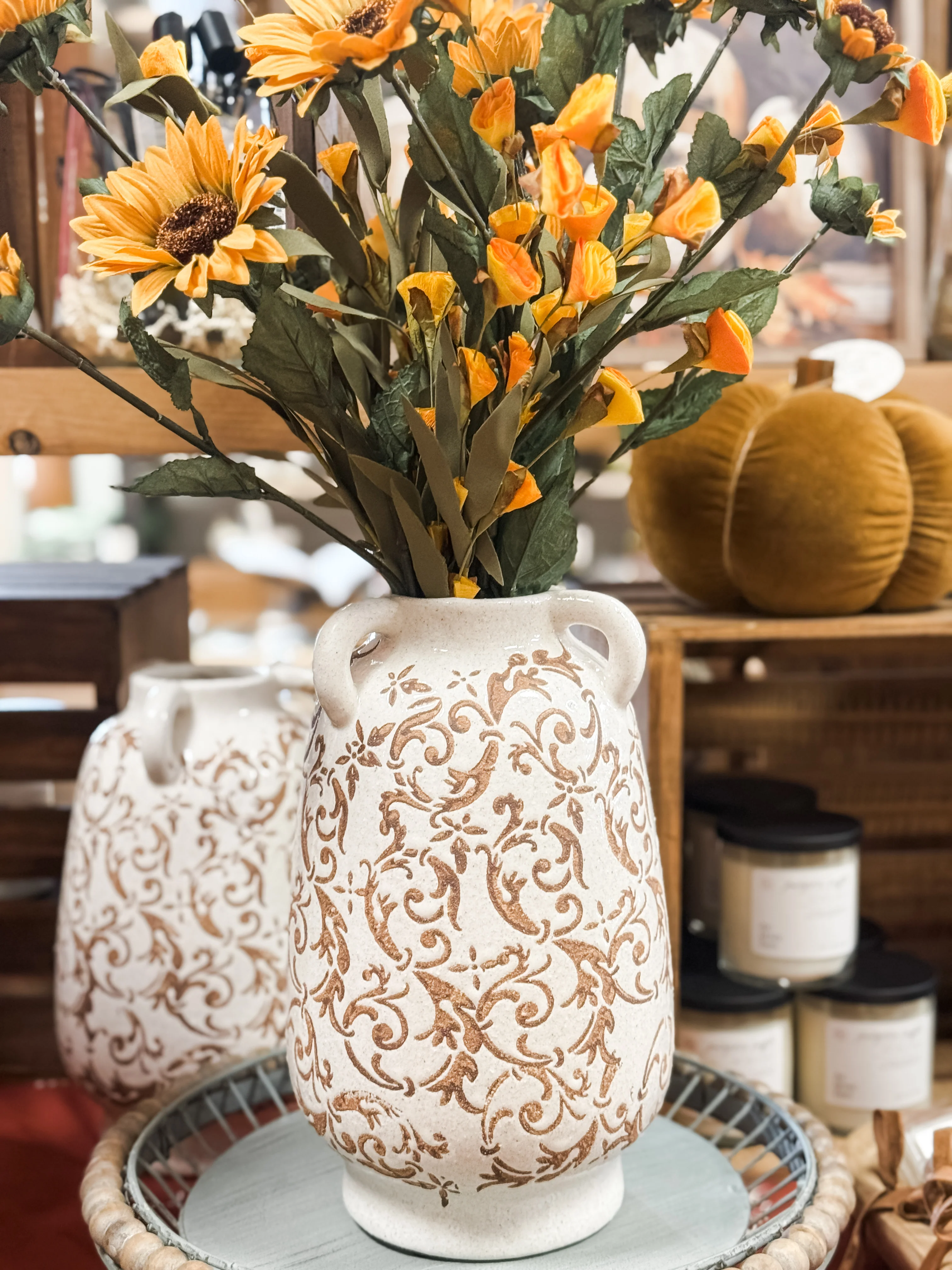 Tan & Cream Floral Vase