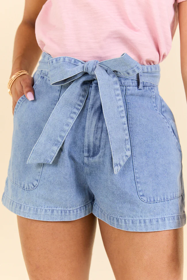 Light Wash Belted Denim Shorts