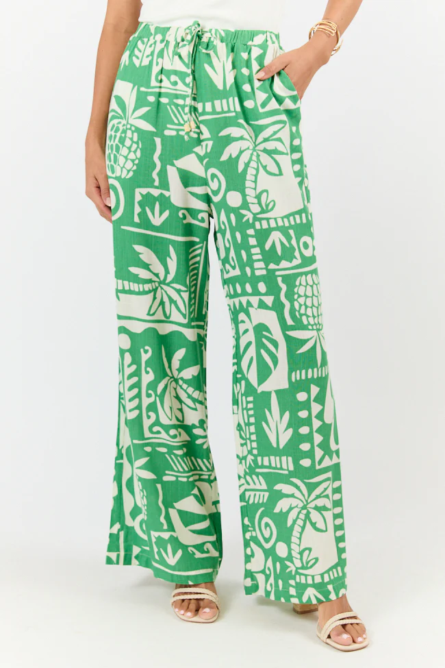 Green Printed Pull On Pants