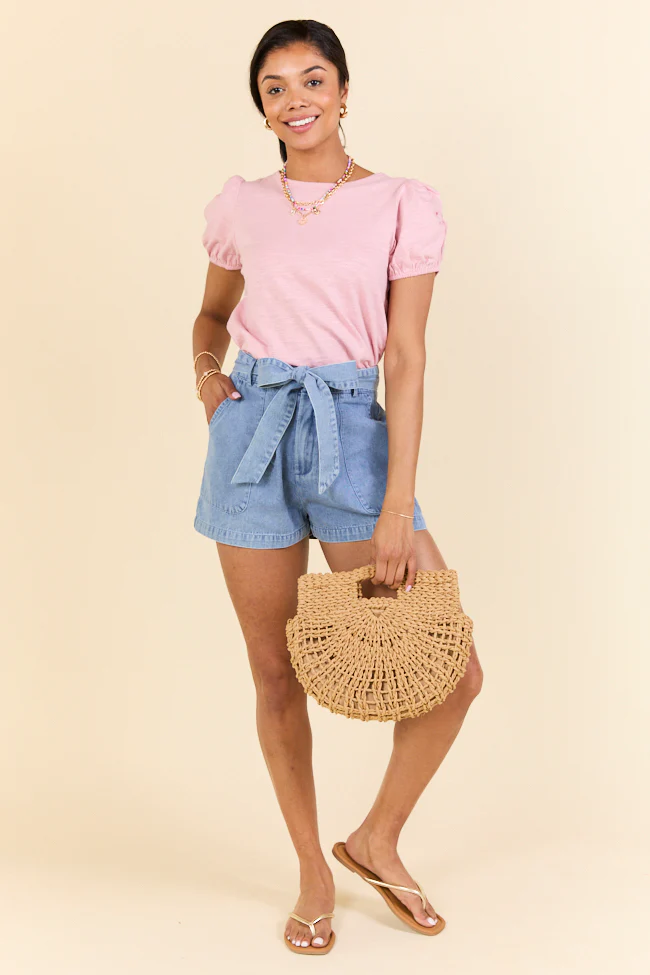 Light Wash Belted Denim Shorts