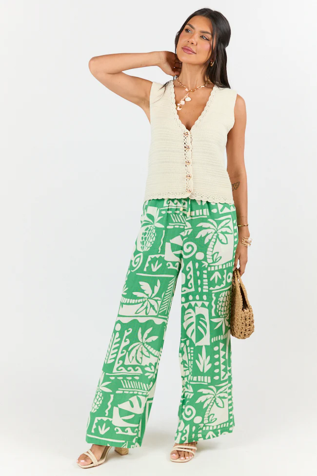 Green Printed Pull On Pants